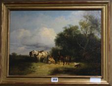 Attributed to Thomas Smythe (1825-1907), oil on canvas, Landscape with Gamekeeper and Ploughman 32 x