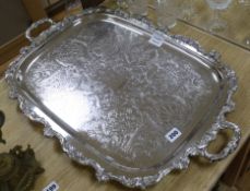 A Victorian style plated engraved two handled tea tray 25 x 31cm