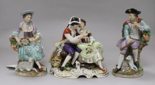 A pair of Sitzendorf figures, Shepherd and Shepherdess and a group of lovers