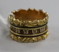 A George IV 18ct gold and black enamel mourning ring, gross 10.4 grams, size P.
