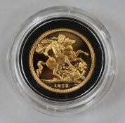 A 1979 gold proof full sovereign.