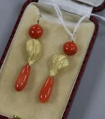A pair of yellow metal "leaf" and coral drop earrings, 40mm.