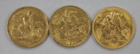 Three early 20th century gold half sovereigns, 1901, 1906 & 1911.