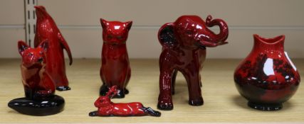 Five Royal Doulton flambe animals and a vaseFrom the estate of the late Sheila Farebrother.