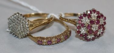 Three assorted 9ct gold and gem set dress rings.