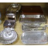 Twelve pairs of plated fish eaters (cased), a cake basket and sundry plated items