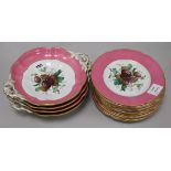 A Victorian pink ground part dessert service, painted with differing floral subjects (16)