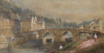 19th century English School, watercolour, town scene with a bridge over a river, unsigned, 25 x