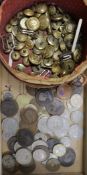 A collection of coins and military buttons