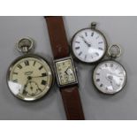 A gentleman's steel Cyma rectangular dial manual wind wrist watch, two silver fob watches and a