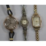 Two ladys gold wrist watches and a marcasite watch