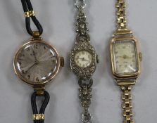 Two ladys gold wrist watches and a marcasite watch