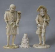 A Japanese Meiji period carved ivory figure of a peasant with axe and pipe, seal mark to base and