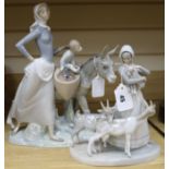 A Lladro large figure group, woman with child and donkey and another of a woman with three goats