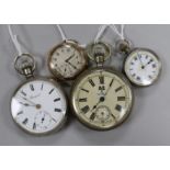 A 9ct gold-cased trench watch, two silver pocket watches and a plated pocket watch.