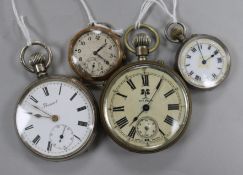 A 9ct gold-cased trench watch, two silver pocket watches and a plated pocket watch.