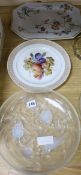 A Lalique style opalescent dish and a Wedgwood dish and a Dresden plate Lalique bowl diameter 26.