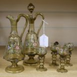 Two Bohemian enamelled glass liqueur jugs and four hock style liqueurs ewer 26cm