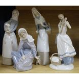 Two Lladro figures, girl with sheep and girl with puppy and bread basket and two other figures,