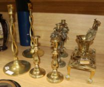 Three pairs of brass candlesticks and a quantity of other brassware tallest 41cm