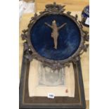 A carved framed figure of christ and a printed panel 34 x 27cm