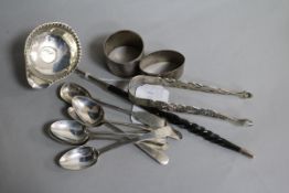 A set of six George III silver teaspoons, a George III silver punch ladle, two silver serviette