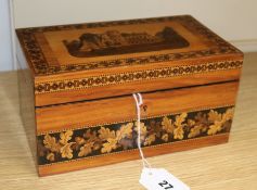 A Tunbridge ware two-division tea caddy, the lid decorated with a view of Tonbridge Castle and oak