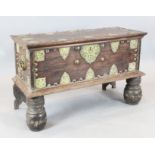 A 19th century brass mounted hardwood Zanzibar chest, with turned trestle feet, W.3ft 11in D.1ft