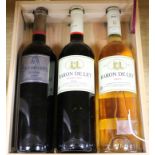 Three bottles of Baron de Ley Rioja in wooden presentation box, including Museum Real Reserva