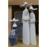 A Lladro figure, 'Time to Sew (Blue)', boxed and another of two nuns tallest 33cm