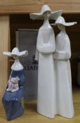 A Lladro figure, 'Time to Sew (Blue)', boxed and another of two nuns tallest 33cm