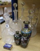 Three Victorian glass decanters, two claret jugs and four pieces of cloisonne