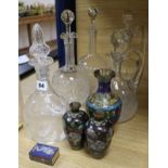 Three Victorian glass decanters, two claret jugs and four pieces of cloisonne