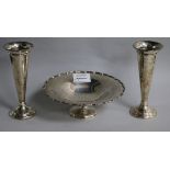A pair of Edwardian silver spill vases and a George V silver pedestal dish by Elkington & Co, vase