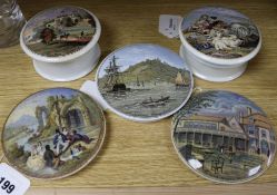 Two Prattware potlids and bases, 'Peace' (219) and 'Walmer Castle' (45) and three other potlids,