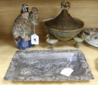 A Japanese painted wood Kabuki doll, a brass censer on crane supports and a chrysanthemum-embossed