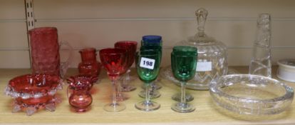 A collection of mixed cranberry glass and enamelled Stilton dish, etc.