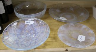 Three items of Barolac Art Deco opalescent glass and a similar French 'pineapple' patterned bowl,