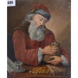 A 19th century English School, oil on board, Miser counting his gold 32 x 36cm unframed