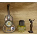 A novelty guitar clock, a perfume bottle and an Art Nouveau figure clock 25cm