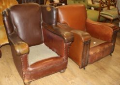 A 1930's tan leather and linenfold carved armchair and a 1940's French tan leather armchair
