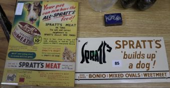 A Spratt's 'builds up a dog!' enamelled tin advertising sign and a similar printed advert largest 24