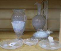 A small collection of Art Deco and other opalescent glass, including a Sabino style fish vase, a