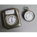 A pocket watch in silver mounted travelling case and a plated cased barometer.