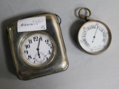 A pocket watch in silver mounted travelling case and a plated cased barometer.