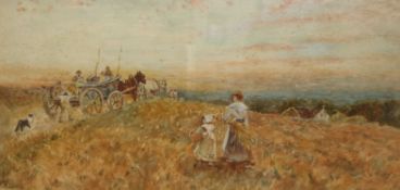 A.Booth, watercolour, Harvesters in a landscape, signed, 29 x 54cm.