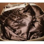 A pair of brown satin modern double-lined curtains, each gathered width 140cm, drop 300cm