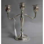 A modern silver three light two branch candelabrum, by P H Vogel & Co, Birmingham, 1978, weighted,