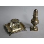 An Edwardian silver ink stand with silver mounted glass well and a silver pepperette.
