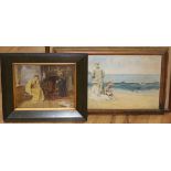 E.A.Sallis Benney, watercolour, landscape, 17 x 34cm. a beach scene and an overpainted print.